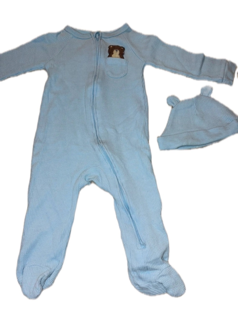 BearPaw Light Blue Baby Footed One-Piece with Bear Patch and Hat
